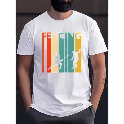 Fencing Painting Silhouette Print Short Sleeve T-Shirt, Casual Comfortable Versatile T-Shirt, Men's Casual Daily Spring Summer Clothing