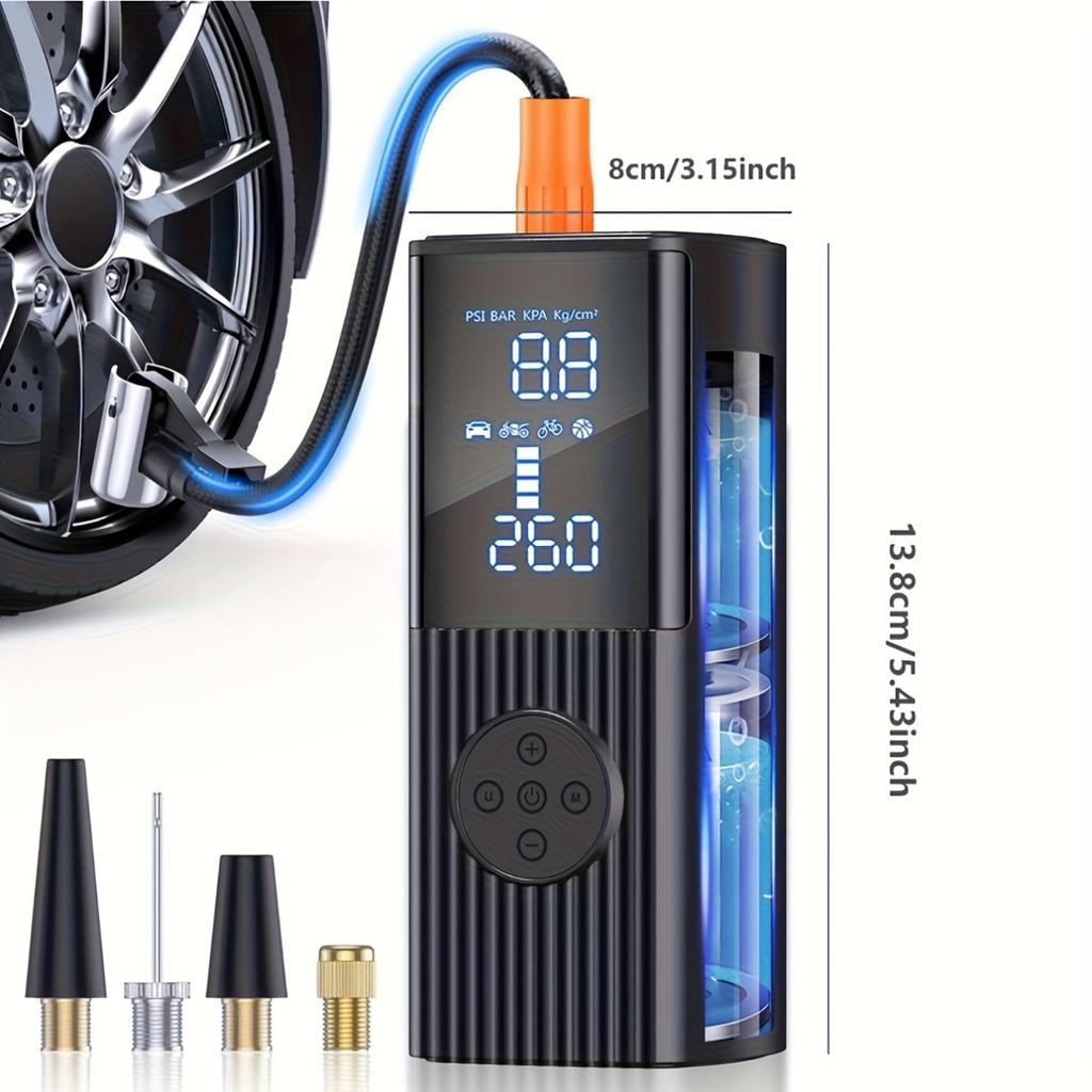 Portable Tire Inflator with Digital Pressure Gauge | 180 PSI, Rechargeable Battery, LED Light, Cordless, Suitable for Cars, Motorcycles, Bicycles