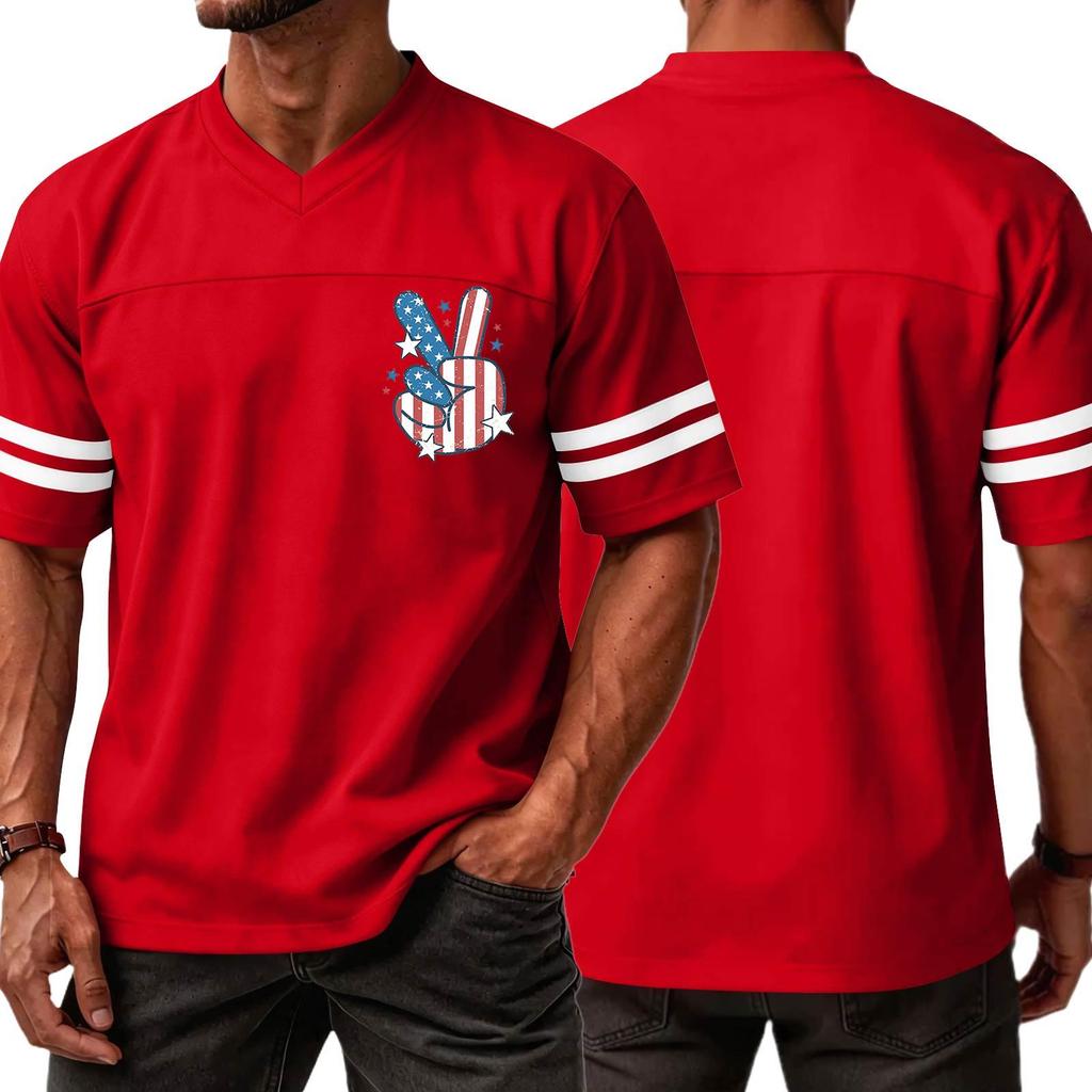 Men V Neck Casual Short Sleeve Jersey Shirt with Independence Day Print and Striped Sleeves for Sports and Wear