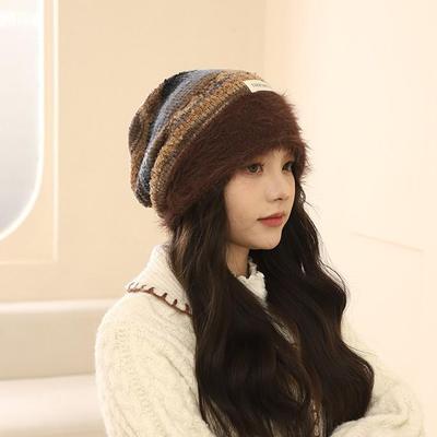 Color Block Slouchy Beanie for Women - Cozy Autumn/Winter Warmth, Large Fit, Small Face Look, Plush Postpartum Hat