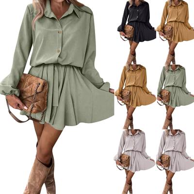 Women's Fashion Button Shirt Collar Long Sleeve Slim Solid Color Dresses