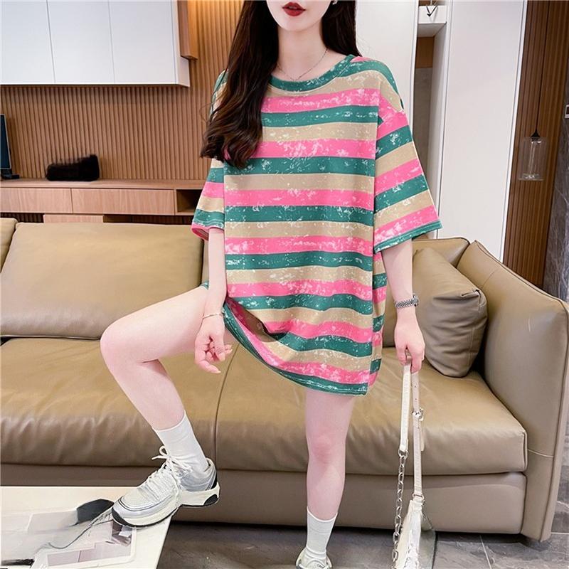 Summer Contrasting Rainbow Striped T Shirt Fashion Women Oversized Graphic Long T-shirts Y2k Tops Harajuku Hip Hop Streetwear