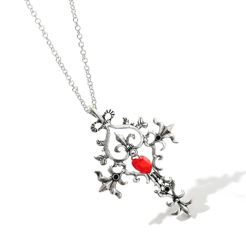 The Vampire Diaries Red Crystal Sacred Heart Cross Pendant Necklace Vintage Gothic Jewelry For Women Girls Gifts