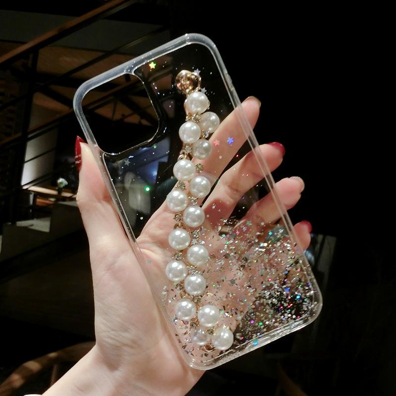 Applicable To Apple 16 Mobile Phone Case Creative Glitter Pink Pearl Bracelet IPhone15 Promax Protective Case 14/13 Luxury