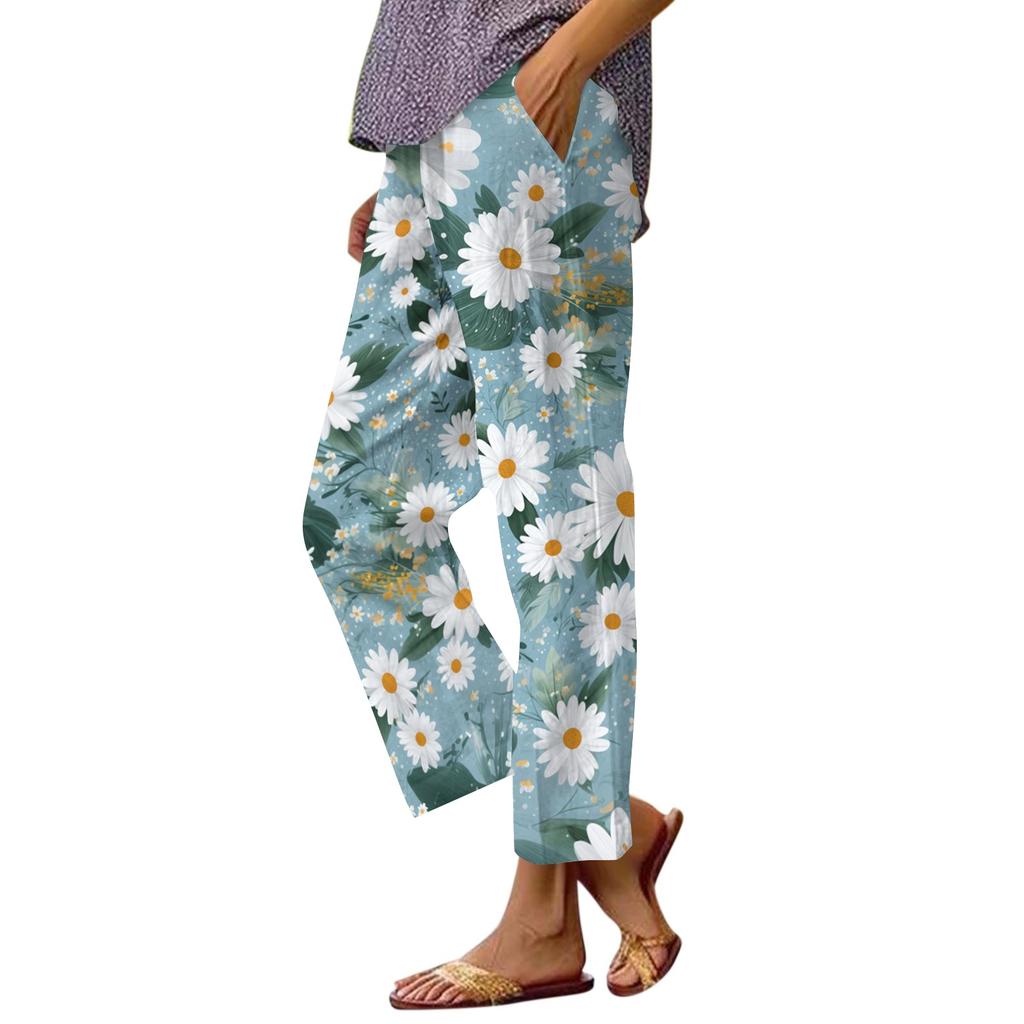 Women's Casual Drawstring Waist Pants with Elastic Waistband and Side Pockets Relaxed Fit Floral Print Lounge Trousers for Everyday Wear