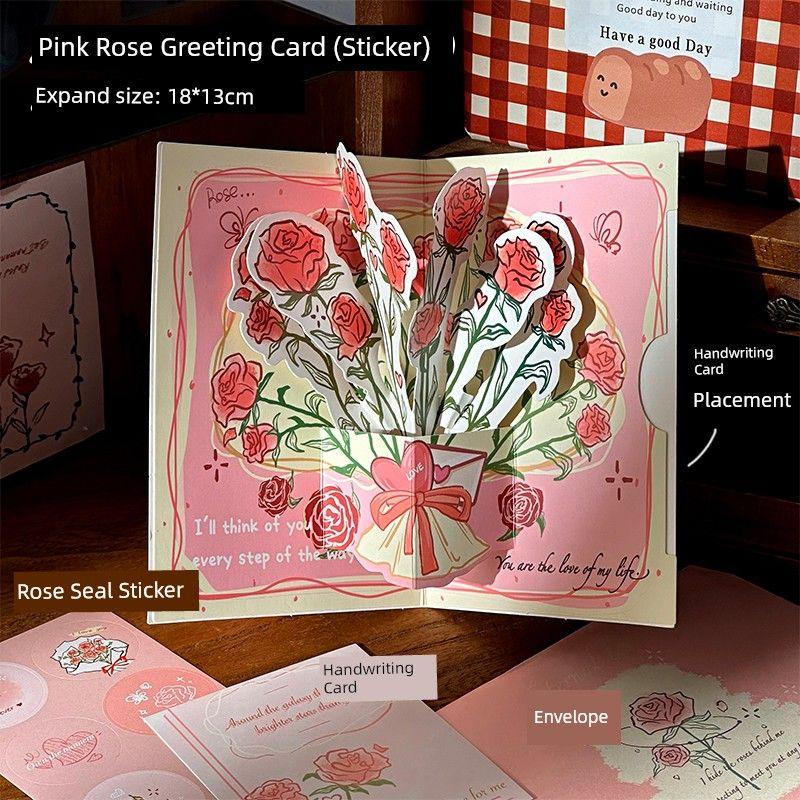

Good-looking Three-Dimensional Rose Valentine s Day Greeting Card 3D Retro Foldable Blessing Card Suit Couple Girlfriend Gifts Pink Rose Greeting Card (Seal Sticker + Envelope)