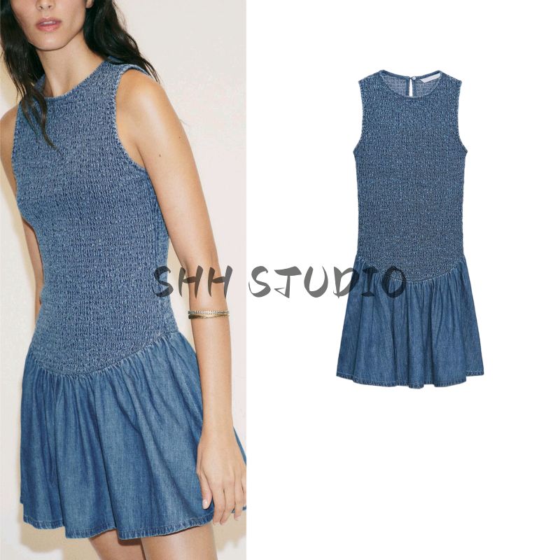 Summer Women clothes Casual Style Back Slit Design Honeycomb Grid Sleeveless round Neck Short Dress 4365280