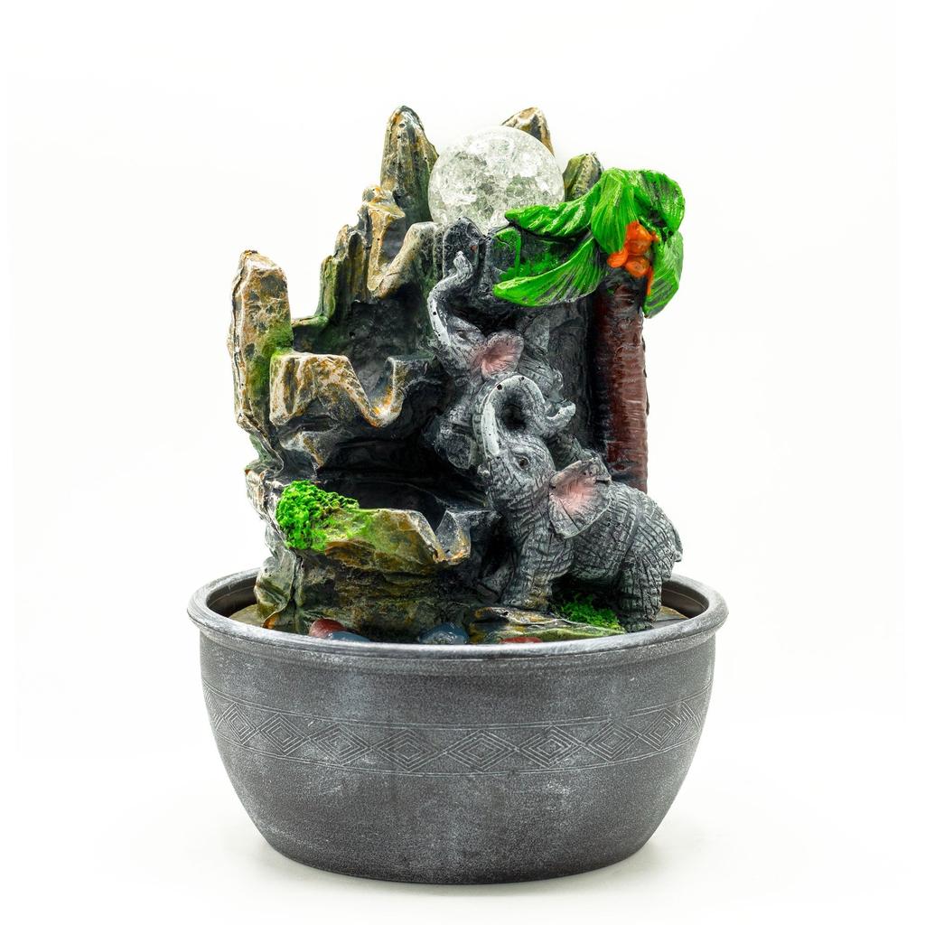 Tabletop Fountain 25cm Elephants and Palm Tree