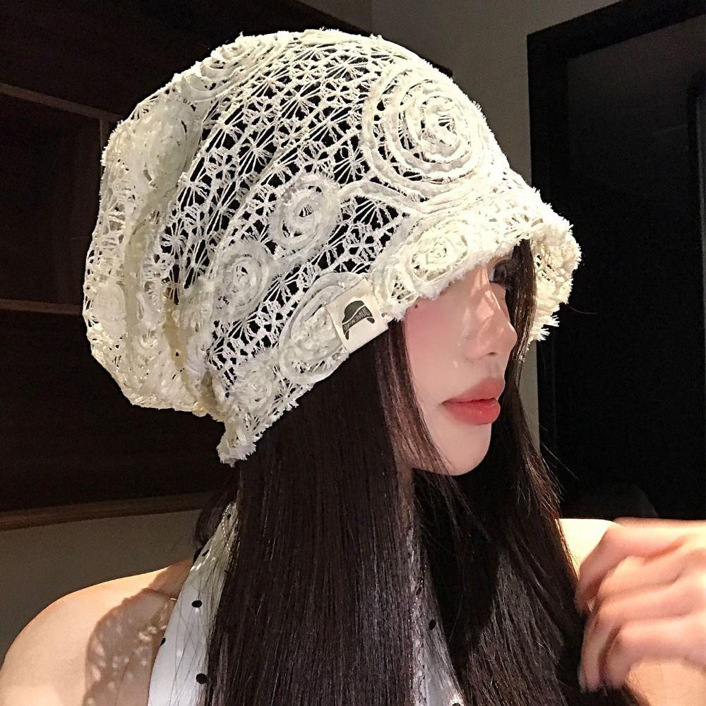Breathable Hollow Out Flower Beanies Embroidered Flower Pile Hat Casual Lace Hat  Outdoor