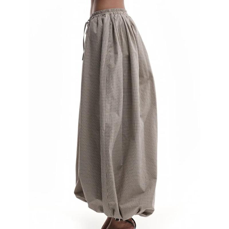 Bornladies Women's Retro Brown Lantern Pants High Waist Trendy Loose Fit Plaid Spring Summer Fashion Trousers