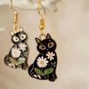 European & American Black Cat Flower Earrings - Unique Gold & Black Quirky Design