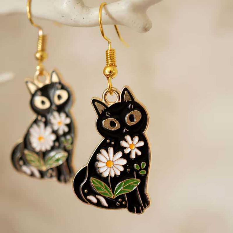 European & American Black Cat Flower Earrings - Unique Gold & Black Quirky Design