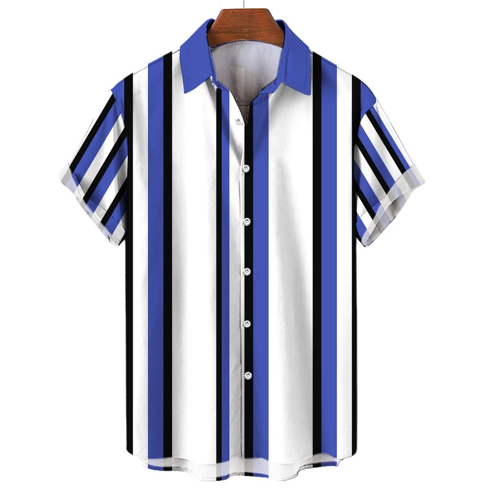 

Мужская летняя полосатая повседневная рубашка с гавайским 3D-принтом, с коротким рукавом, пляжная одежда, отпускная мода, социальный отложной воротник на пуговицах, одежда оверсайз 5XL