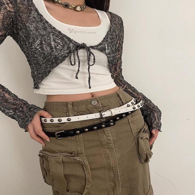Women'S American Vintage Belt Casual Rivet Thin Leather Belt Punk Style Metal Rock Unique Versatile Belt Accessories