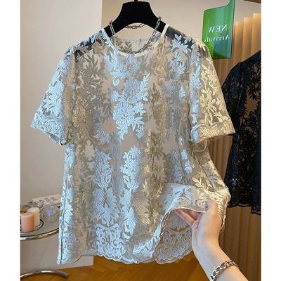 High-end Lace Shirt T-shirt Women's Short-sleeved Summer Loose Hollow Tulle Blouse Western Style Blouse