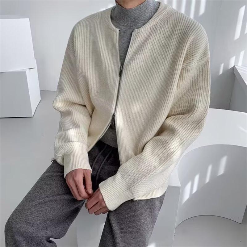 Men's Korean Double Zipper Round Neck Casual Knit Cardigan - Loose, Versatile, Solid Color Sweater.