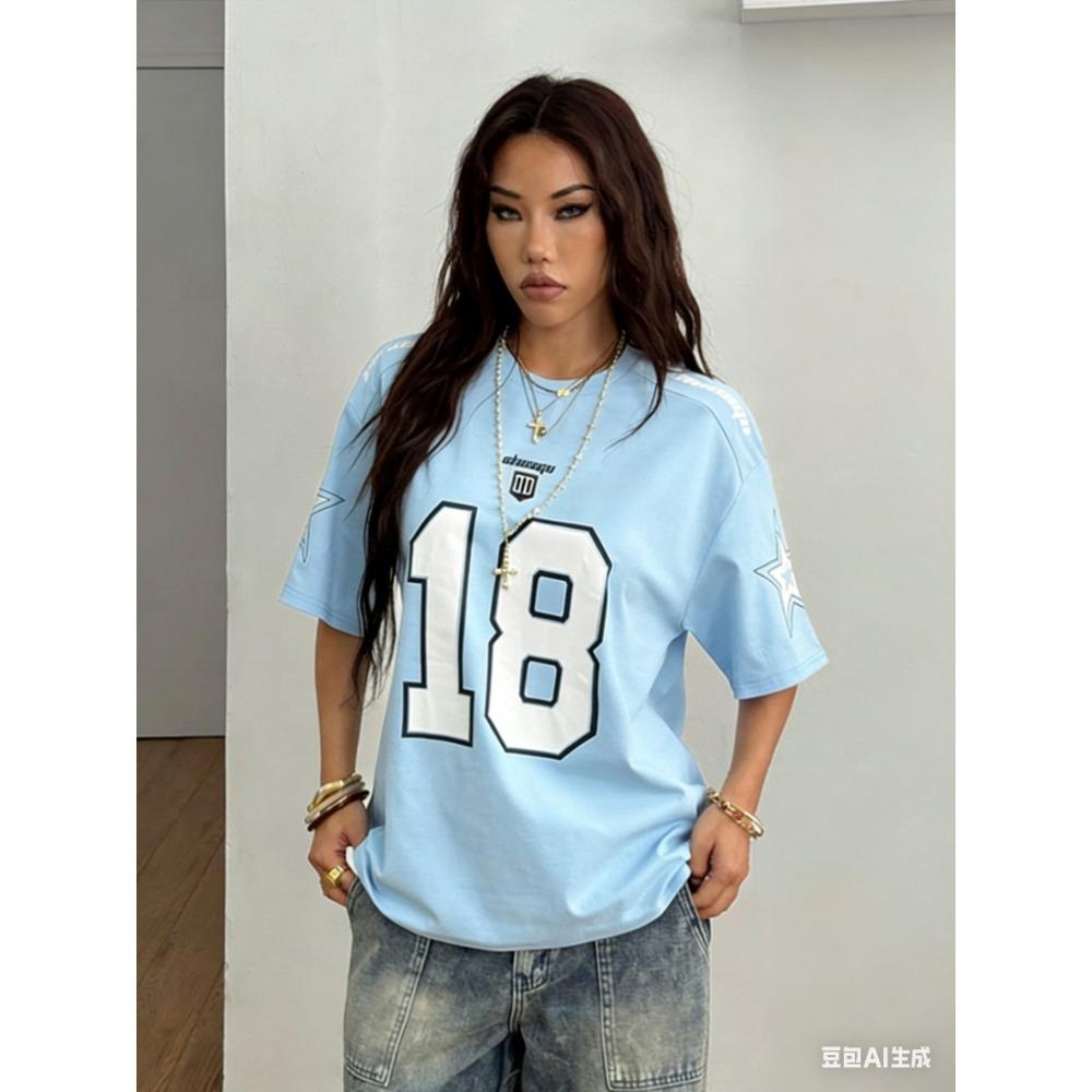 Summer retro blue printed women's round neck short sleeved sports football shirt Y2K loose oversized top