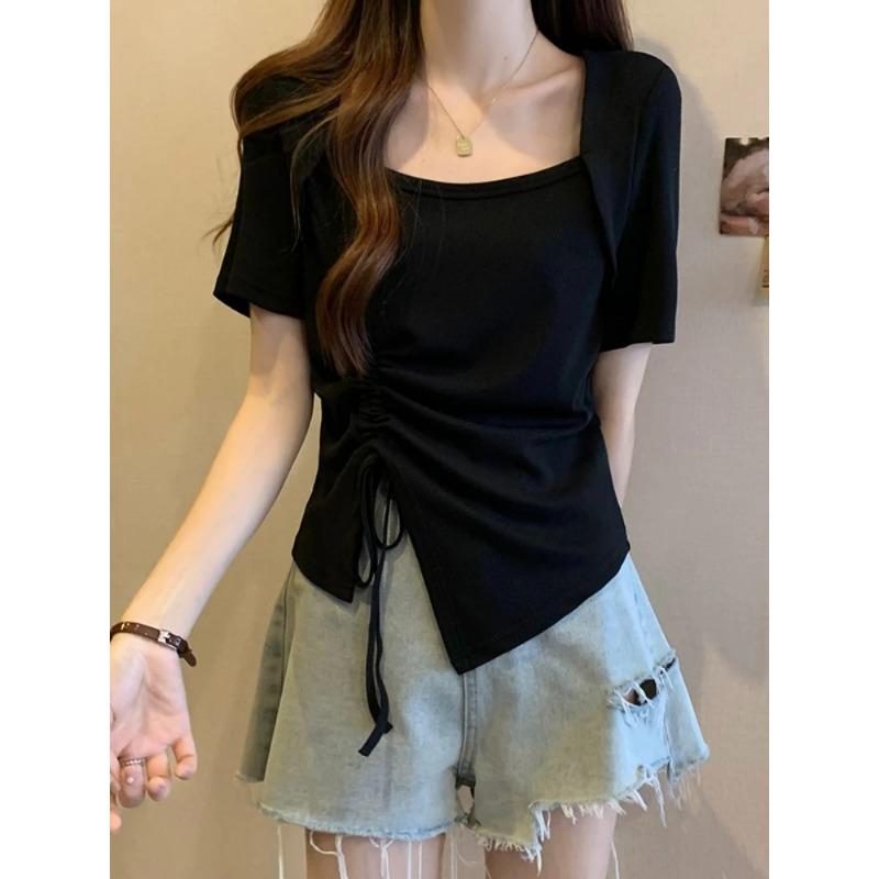 Women s Black Square Neck Fake Shrug Short Sleeve Side Drawstring Ruched Irregular Hem Tee L чёрный