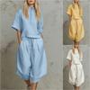 Womens Short Sleeve Lapel Collar Half Zip Drawstring Waist Wide Leg Pants Set Multi Colors