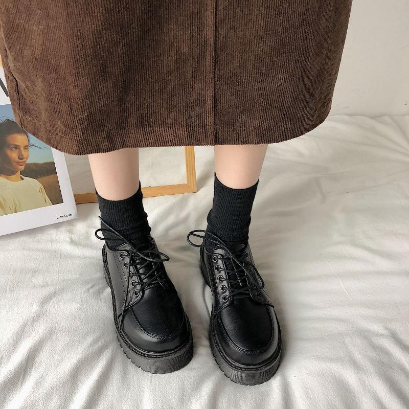 Fashion New Thicksoled Women's Shoes British Style Roundtoe Single Footwear Fashion Lace Up Leather Shoe Casual Comfortable Ladies Shoes