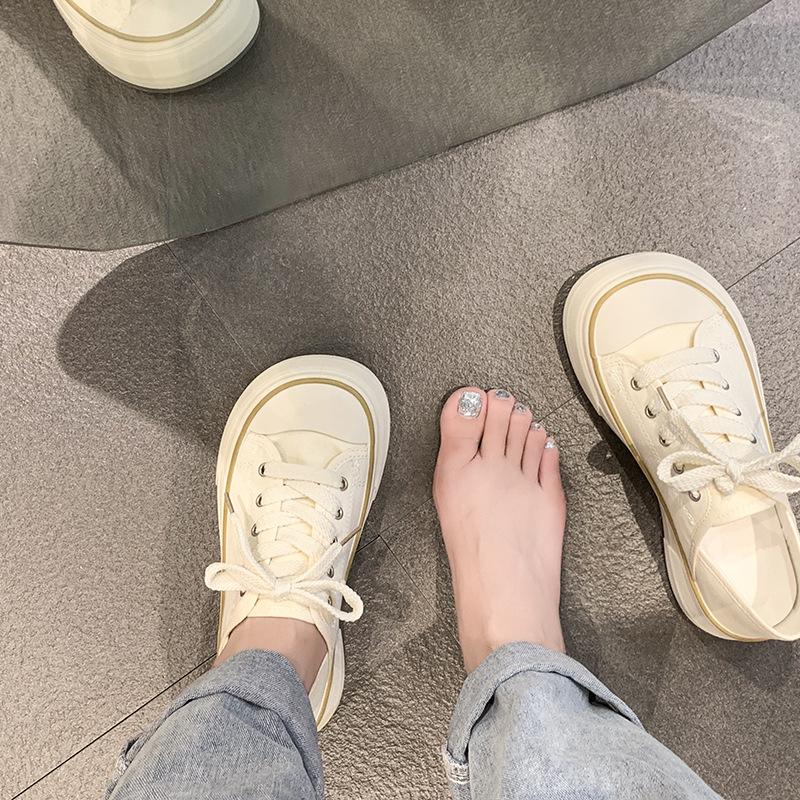 Milk Huhu Mango Big Wide Head Platform Sole Canvas Shoes Women's 2025 Little White Shoes Ins Korean Version Stepping Heel Two Wear Board Shoes