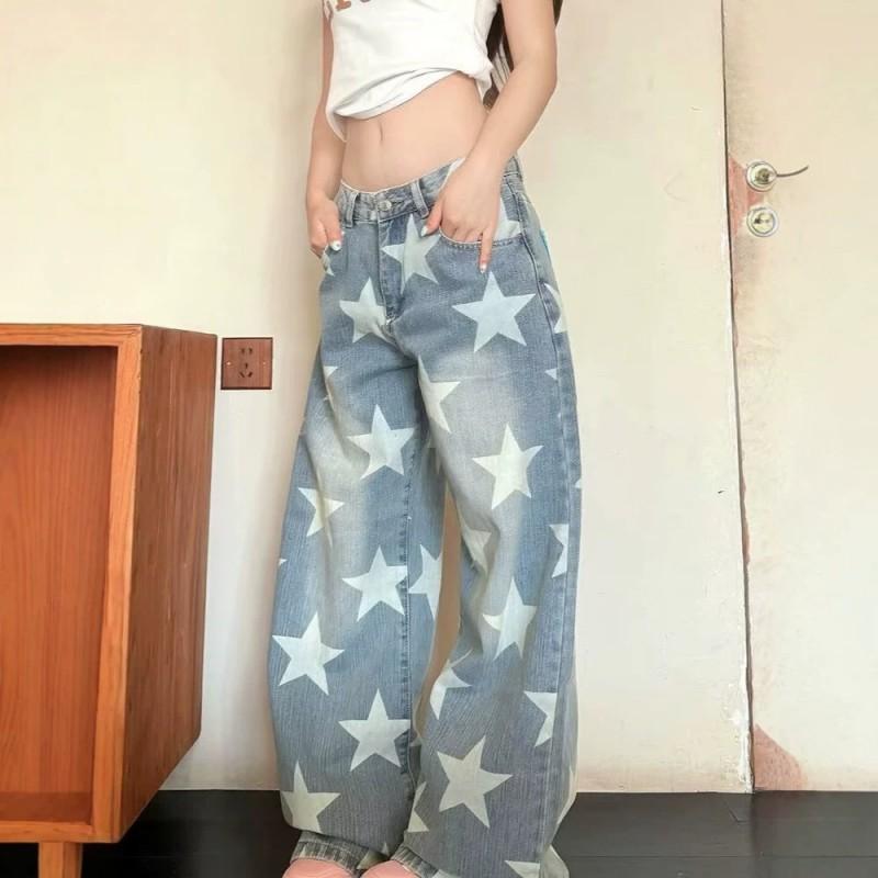 Gewaschene Jeans mit Sternenprint Lockerer Schnitt Gerades Bein Weit zulaufend Herren Damen Streetwear Freizeit