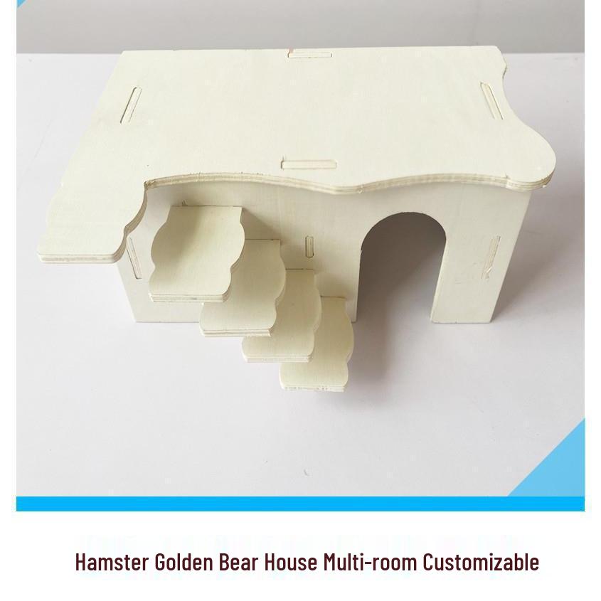 Solid Wood Multi-Room Hamster Hideout with Stairs - Golden Hamster Toy Nest & Living Space