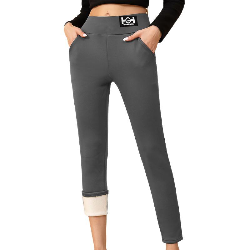 Women's Plus Size Thick Velvet Lambswool Leggings - Warm, Tight Fit In Black or Gray for Autumn and Winter.