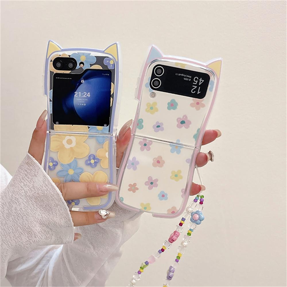 Custodia con Braccialetto a Catena per Polso Gatto con Orecchie da Fiore Cartone Animato per Samsung Galaxy Z Flip 6 5 4 3 Flip5 flip6 Pittura ad Olio Perline Braccialetto Copertura Colorata