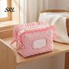 Portable Baby Wipe Dispenser Quilted Diaper Wipes Bag with Hanging Strap, Dual Compartment Zipper Plaid Ruffle Storage Pouch Bag, Large Capacity