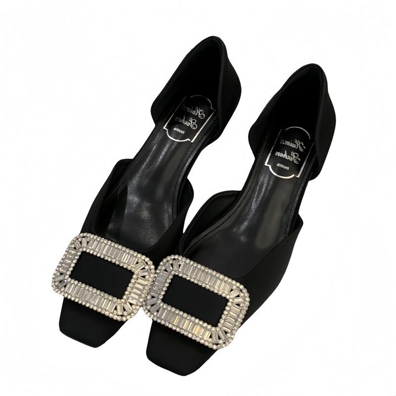 

Spring And Summer Temperament French Commuter Black Hollow Single Shoes Niche Low Heel Rhinestone High-End Women S Shoes 40 чорний