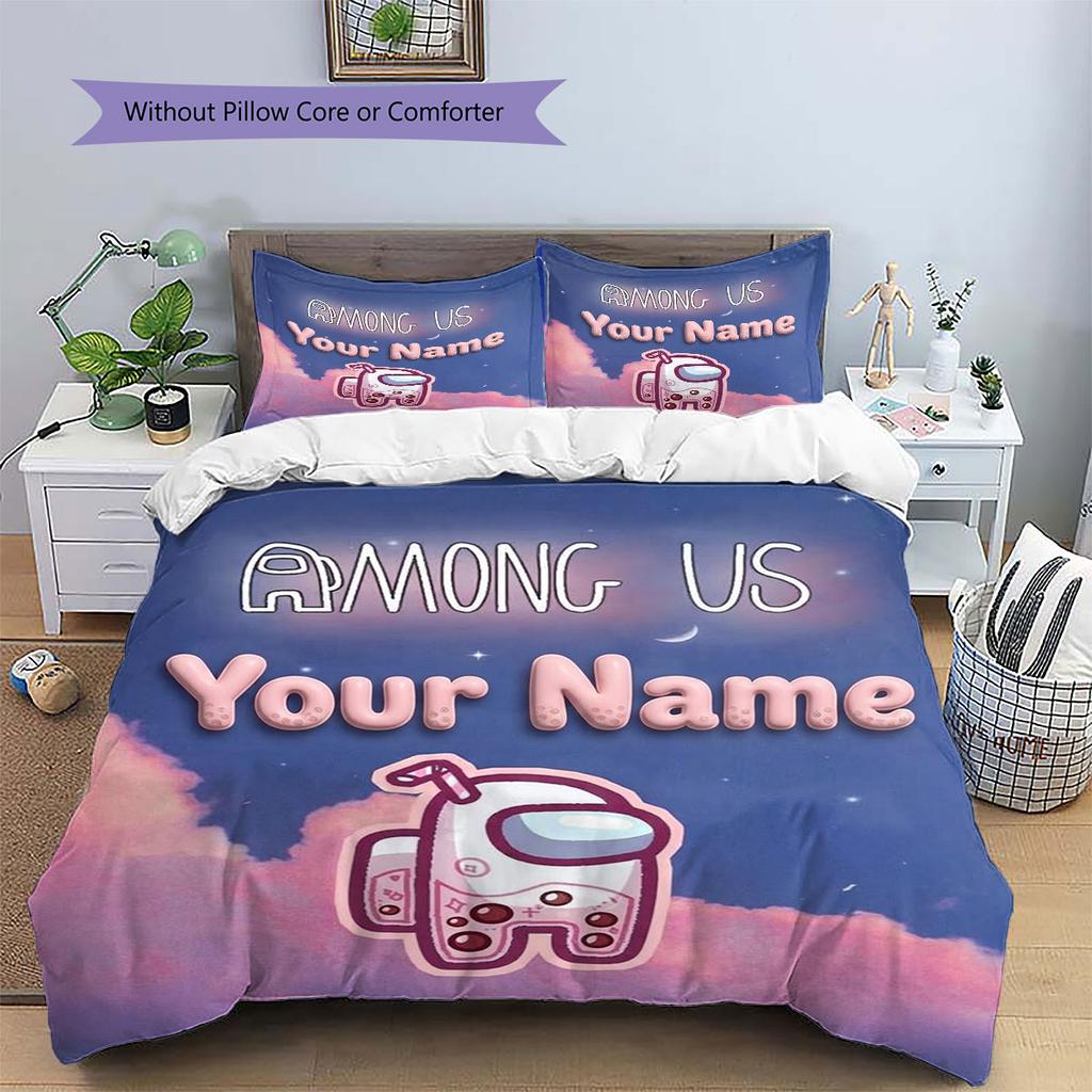 Among Us Custom Name Pattern Bedding,Quilt Set Quilt Cover Pillowcase Home Birthday Gift(1 * Duvet Cover + 2 * Pillowcase, Without Core)