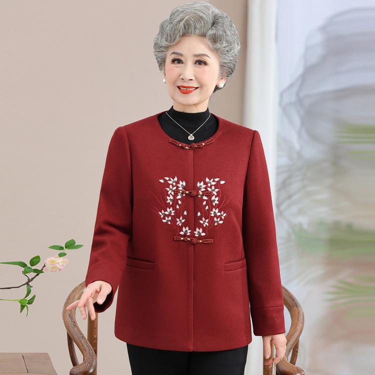 New Chinese Style Mother Autumn and Winter Fashion Embroidered Wool Coat Elderly Women's Clothing Spring and Autumn Noble National Style Cardigan Top