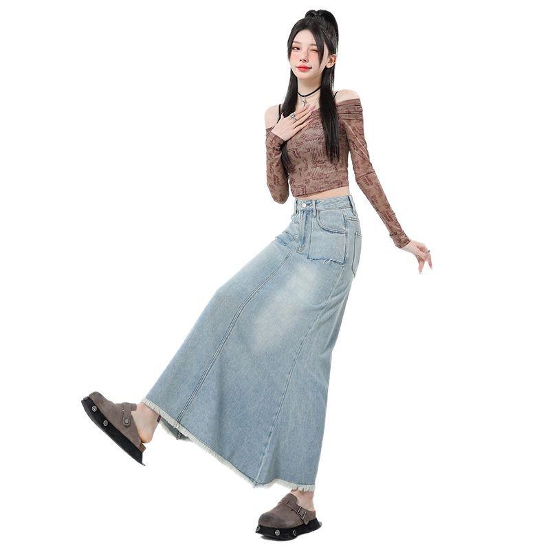 Women's High-Waisted Denim Fishtail Midi Skirt - Vintage Style, Raw Hem, Spring 2025