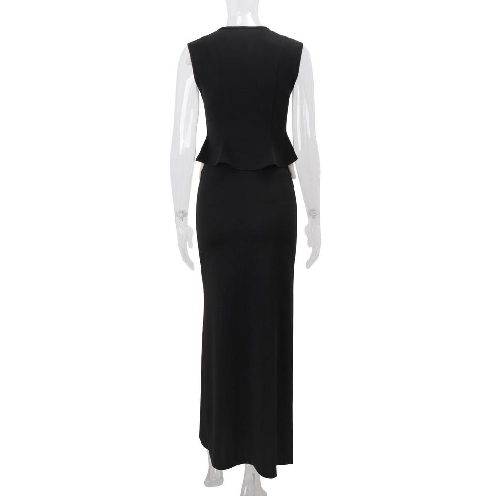 Jennie Kim Ji-soo Inspired Ruffled Sleeveless Top & Waist-Cinching Long Skirt Suit