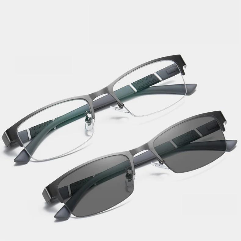 Photochrome Myopiebrille für Herren, Vintage, Business, Halbrahmen, Minussichtbrille, männlich, Outdoor, Farbwechsel-Sonnenbrille, 0 bis 4,0