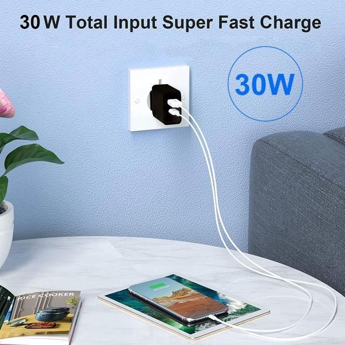 30W Fast Wall Charger - iPhone - 2 USB Ports - Black - Compatible iPhone 16 - Secure