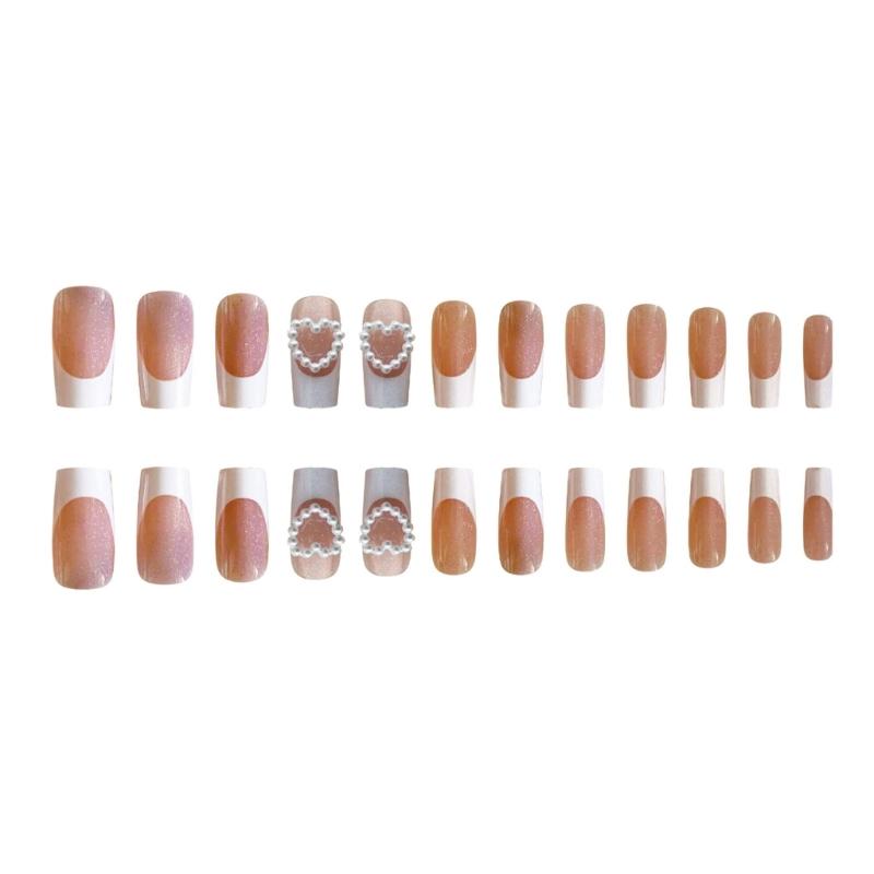 Square Press On Nail Fake Nail Heart Pearls Glues On Nail Auroras Acrylic Nail 24pcs Stick On Nail for Women and Girls