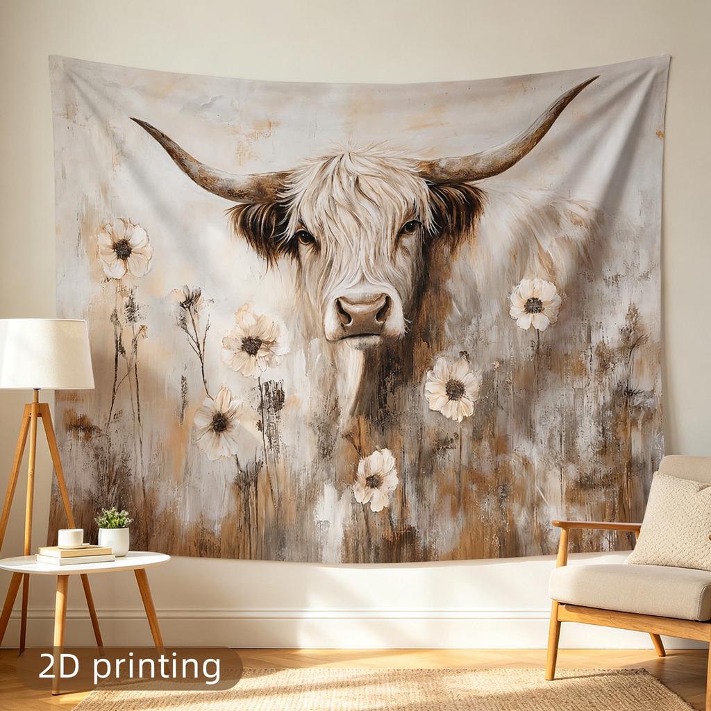 2D Flat - 1pc 2D Printed Tapestry, Large/Small Size, Longhorn Cow Among Wildflowers, Aesthetic Wall Decor, Home Decor, Non-Luminous, Suitable for Livi