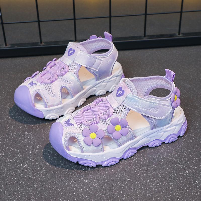 

Girls Beach Shoes Sweet Flowers Kids Sandals Hollowed-out Non-slip Soft Sole 2025 Summer New Children Casual Shoes Toes Capped 25 фиолетовый