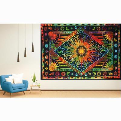 Handmade Indian Hippie Bohemian Psychedelic Celestial Sun Moon Wall Hanging Bedding Tapestry (Orange Multi)