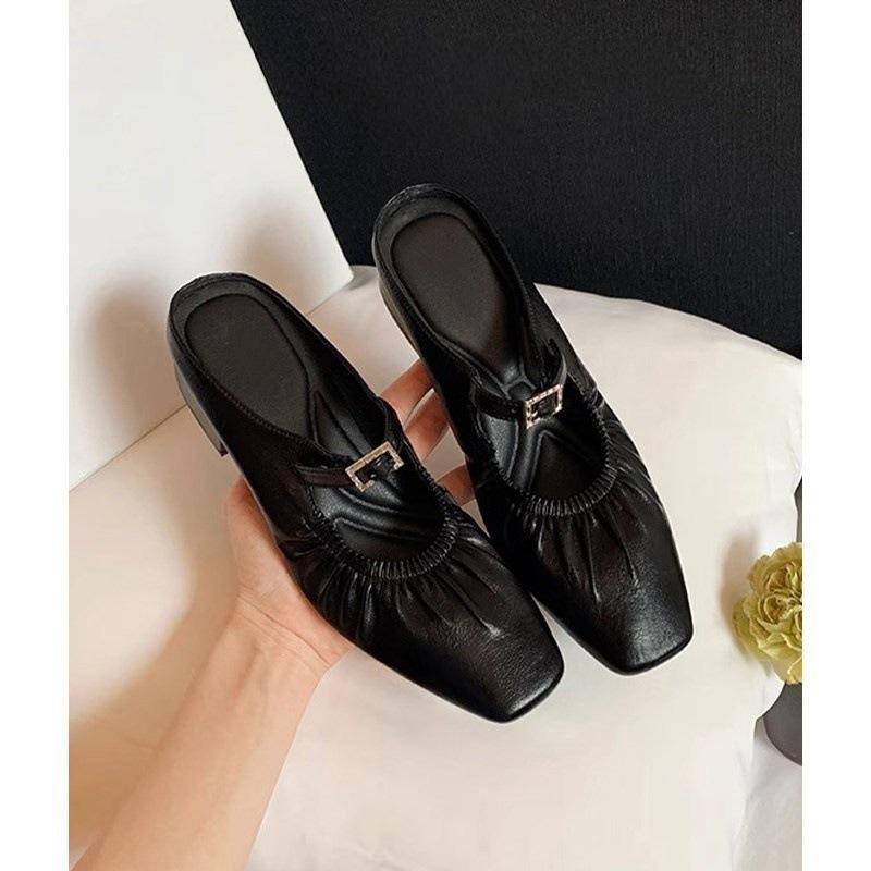 

Baotou half slippers summer outer wear temperament thick heel Mary Jane one pedal buckle with silver single shoes 42 чорний