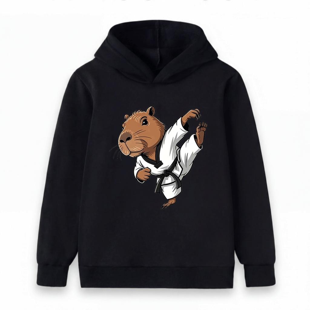 Kids Boys Girls Hoodie, Cute Capybara Taekwondo Karate Print Casual Pullover Sweatshirt for Children Daily Wear