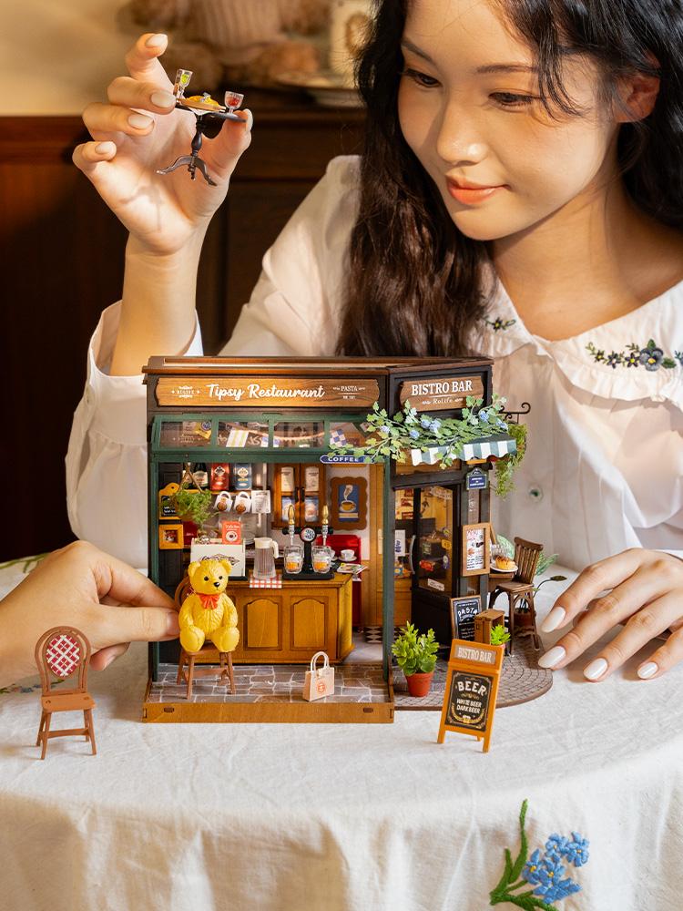 Robotime Rolife Tipsy Restaurant kit DIY Miniature House Kit Desk Bookshelf Decoration for Adults Gift Idea For Girls Boys Kids