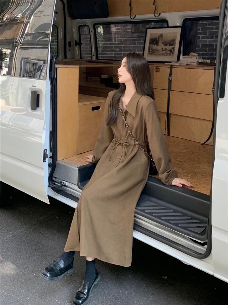 2026 Spring French Minimalist A-Line Long Sleeve Waist-Cinching Dress - Women's Elegant Slimming Design