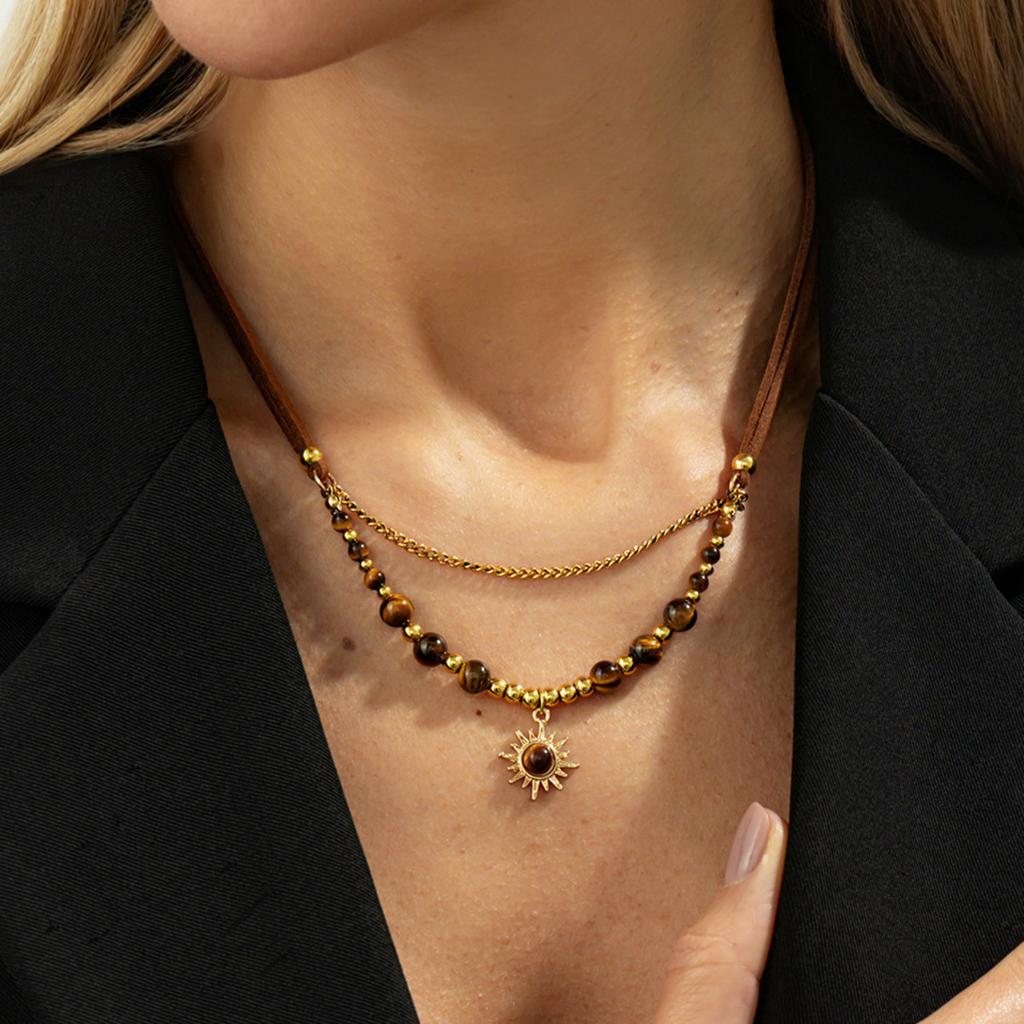SHIXIN Vintage Brown Stone Beaded Choker Necklace for Women Exquisite Gold Color Sun Pendant Necklace New Year Clavicle Jewelry