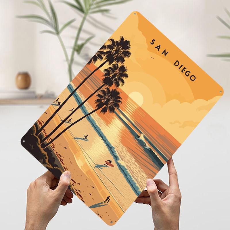 San Diego Sunset Beach Travel Tinplate Poster Customized Wall Art Vintage Metal Signs Retro Tin Plaque for Decoration Garage