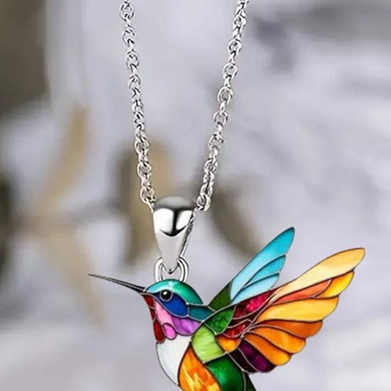 Rainbow Hummingbird Necklace Acrylic Colorful Bird Pendant Necklace Lightweight Fashion Necklace Jewelry Gift for Women Bird Lovers