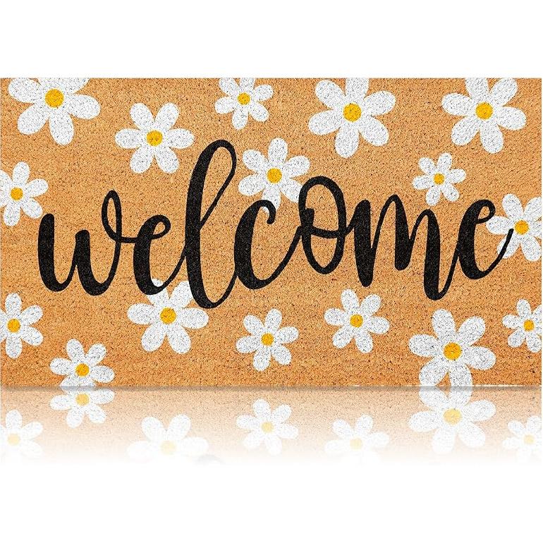 Patriotic Natural Coir Door Mat, 4th of July Welcome Doormat, Independence Day Decoration, Coir Coconut Husk Front, Memorial Day Floor Rug for Indoor Daisy