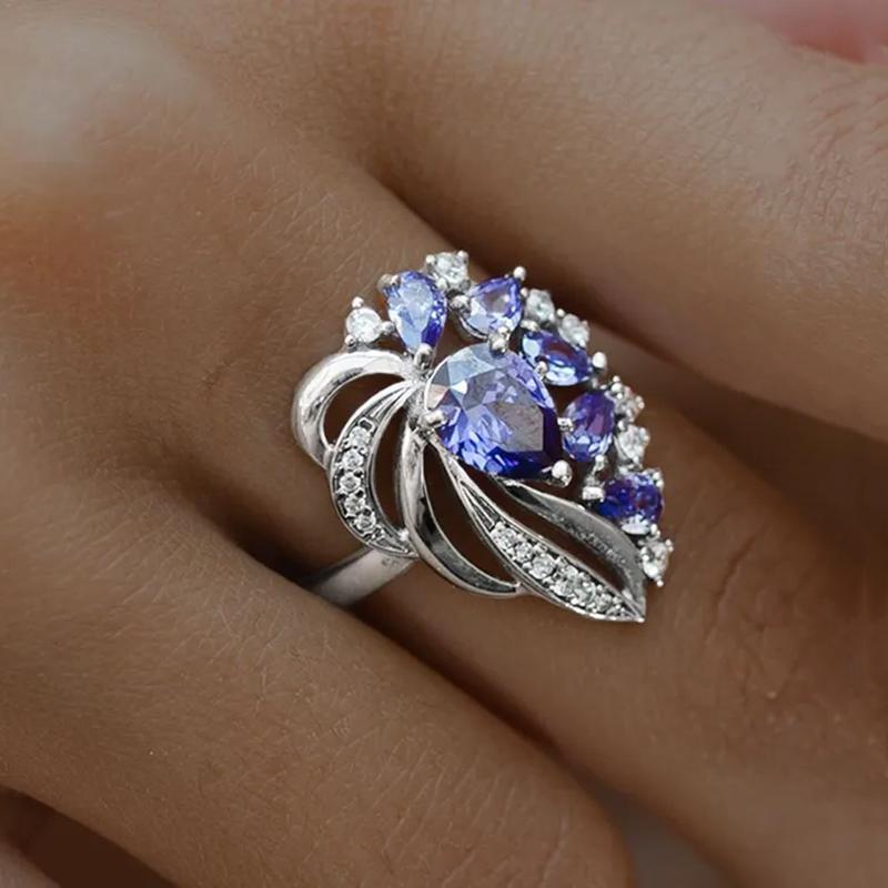 Luxury Blue Crystal Flower Rings for Women Elegant Cubic Zirconia Engagement Jewelry Accessories